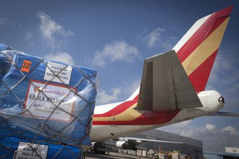 Supplies, including 100 tons of emergency medical aid, are seen before being loaded on to a 747 aircraft at New York's John F. Kennedy International Airport