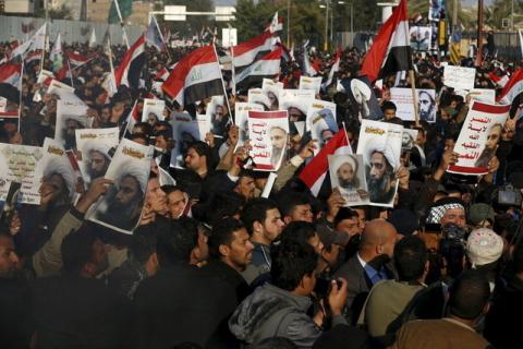 Supporters of Shi'ite cleric Moqtada al-Sadr protest against the execution of Shi'ite Muslim cleric Nimr al-Nimr in Saudi Arabia, during a demonstration in Baghdad, January 4, 2016. PHOTO BY REUTERS/Thaier Al-Sudani