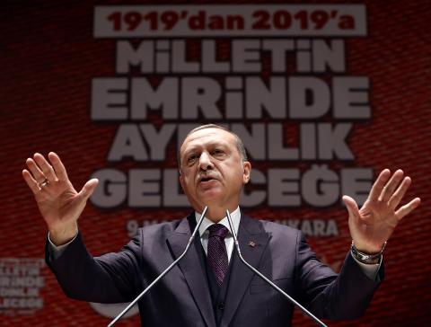 Turkish President Tayyip Erdogan speaks during a meeting in Ankara, Turkey, March 9, 2018. PHOTO BY REUTERS/Kayhan Ozer/Presidential Palace