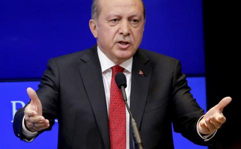 Turkish President Tayyip Erdogan speaks at the Brookings Institute in Washington, March 31, 2016. PHOTO BY REUTERS/Joshua Roberts