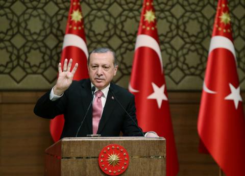 Turkish President Tayyip Erdogan makes a speech during his meeting with mukhtars at the Presidential Palace in Ankara, Turkey, February 8, 2017. PHOTO BY REUTERS/Yasin Bulbul/Presidential Palace