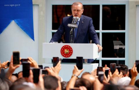 Turkish President Tayyip Erdogan makes a speech during the re-opening of the Ottoman-era Yildiz Hamidiye mosque in Istanbul, Turkey, August 4, 2017. PHOTO BY REUTERS/Murad Sezer