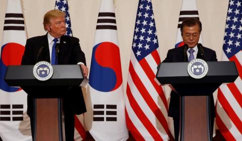 U.S. President Donald Trump and South Korea’s President Moon Jae-in hold a news conference at South Korea’s presidential Blue House in Seoul, South Korea, November 7, 2017. PHOTO BY REUTERS/Jonathan Ernst