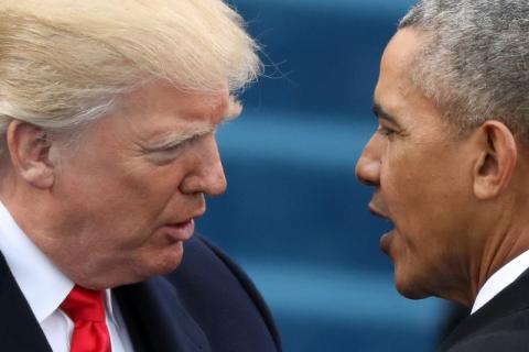 U.S. President Barack Obama (R) greets President-elect Donald Trump at inauguration ceremonies swearing in Trump as president on the West front of the U.S. Capitol in Washington, U.S., January 20, 2017. PHOTO BY REUTERS/Carlos Barria