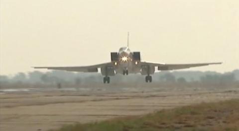 A still image, taken from video footage and released by Russia's Defence Ministry on August 18, 2016, shows a Russian Tupolev Tu-22M3 long-range bomber landing at an air base near the Iranian city of Hamadan. PHOTO BY REUTERS/Ministry of Defence of the Russian Federation