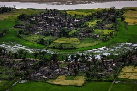 The remains of a burned Rohingya village is seen in this aerial photograph near Maungdaw, north of Rakhine State, Myanmar, September 27, 2017. PHOTO BY REUTERS/Soe Zeya Tun