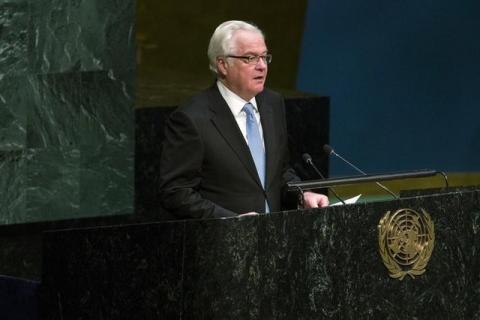 Russian Ambassador to the United Nations Vitaly Churkin speaks before a United Nations General Assembly vote addressing the economic, commercial and financial embargo imposed by the U.S. against Cuba at the United Nations headquarters in New York, October 27, 2015. PHOTO BY REUTERS/Lucas Jackson