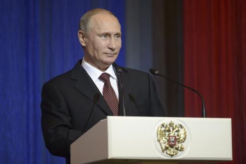 Russia's President Vladimir Putin delivers a speech during celebrations for the 70th anniversary of the Moscow State Institute of International Relations (MGIMO), in Moscow