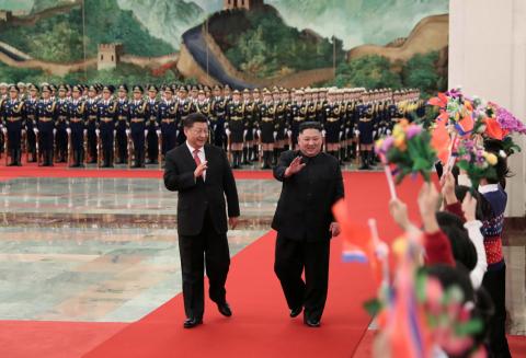 Chinese President Xi Jinping holds a welcoming ceremony for North Korean leader Kim Jong Un before their talks at the Great Hall of the People in Beijing, China January 8, 2019, in this picture released by Xinhua, January 10, 2019. PHOTO BY REUTERS/Huang Jingwen/Xinhua 