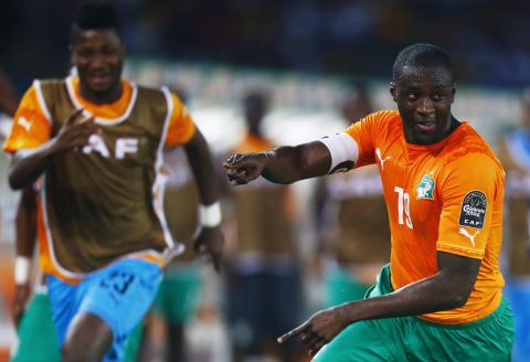 Ivory Coast's Yaya Toure (R) celebrates his goal during their semi-final soccer match of the 2015 African Cup of Nations against Democratic Republic of Congo in Bata, February 4, 2015. PHOTO BY REUTERS/Amr Abdallah Dalsh