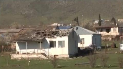 A house which was damaged during clashes between Armenian and Azeri forces is seen in Nagorno-Karabakh region, which is controlled by separatist Armenians, in this still image taken from video provided by Nagorno-Karabakh region Defense Ministry, April 2, 2016. PHOTO BY REUTERS/Nagorno-Karabakh Military 