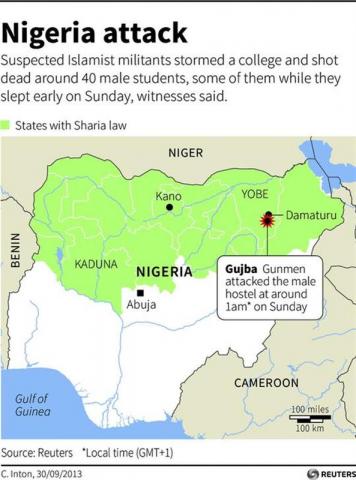 Islamist militants shot dead around 40 students at a college, some of them while they slept, early on Sunday