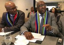 Nhlanhla Nene, South Africa's Finance Minister, speaks to journalists on the sidelines of an investor roadshow in London, Britain, March 13, 2018. PHOTO BY REUTERS/Karin Strohecker