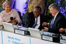 Kenya's President Uhuru Kenyatta shares a moment with UN Deputy Secretary General Amina Mohammed and Siim Kiisler, Minister of Environment of Estonia and President of the UN Environment Assembly, during the United Nations Environment Assembly (UNEA) in Gigiri within Nairobi, Kenya, March 14, 2019. PHOTO BY REUTERS/Thomas Mukoy