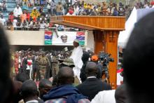 Gambian President Adama Barrow speaks during his swearing-in ceremony and the Gambia's Independence Day at the Independence Stadium, in Bakau, Gambia, February 18, 2017. PHOTO BY REUTERS/Thierry Gouegnon