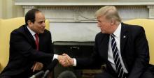U.S. President Donald Trump shakes hands with Egyptian President Abdel Fattah al-Sisi in the Oval Office of the White House in Washington, U.S., April 3, 2017. PHOTO BY REUTERS/Kevin Lamarque