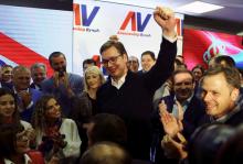 Serbian Prime Minister and presidential candidate Aleksandar Vucic celebrate his win at presidential election in his headquarters in Belgrade, Serbia, April 2, 2017. PHOTO BY REUTERS/Antonio Bronic