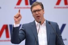 Serbian Prime Minister and President-elect Aleksandar Vucic speaks during his rally in Novi Sad, Serbia, March 18, 2017. PHOTO BY REUTERS/Marko Djurica