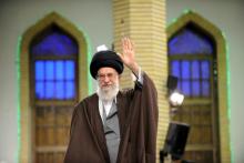 Iran's Supreme Leader Ayatollah Ali Khamenei waves as he arrives to address workers in Tehran, Iraq, April 27, 2016. PHOTO BY REUTERS/Leader.ir