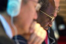 Guinea's President Alpha Conde participates in a meeting on the Ebola crisis during the IMF-World Bank annual meetings in Washington, October 9, 2014. PHOTO BY REUTERS/Jonathan Ernst
