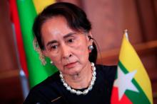 Myanmar's State Counsellor Aung San Suu Kyi attends the joint news conference of the Japan-Mekong Summit Meeting at the Akasaka Palace State Guest House in Tokyo, Japan, October 9, 2018. PHOTO BY REUTERS/Franck Robichon