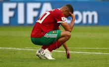 Morocco's Aziz Bouhaddouz looks dejected after the match. PHOTO BY REUTERS/Michael Dalder
