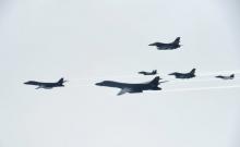 U.S. B-1B Lancer flies over South Korea during a joint live-fire drill in this handout picture provided by South Korean Air Force and relased by Yonhap on July 8, 2017. PHOTO BY REUTERS/South Korean Air Force/Yonhap