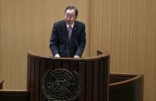 U.N. Secretary-General Ban Ki-moon addresses the opening of the Third International Conference on Financing for Development in Ethiopia's capital Addis Ababa, July 13, 2015. PHOTO BY REUTERS/Tiksa Negeri