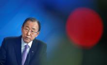 U.N. Secretary General Ban Ki-moon addresses a news conference follwing talks with German Chancellor Angela Merkel at the Chancellery in Berlin, Germany, March 8, 2016. PHOTO BY REUTERS/Fabrizio Bensch