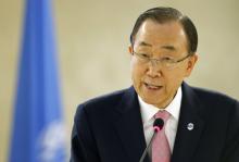 U.N. Secretary-General Ban Ki-moon addresses the Conference on the Prevention of Violent Extremism at the United Nations in Geneva, Switzerland, April 8, 2016. PHOTO BY REUTERS/Denis Balibouse