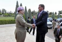 Iraq's Kurdistan region's President Massoud Barzani (L) shakes hands with U.S. Defense Secretary Ash Carter in Erbil, Iraq, July 24, 2015. PHOTO BY REUTERS/Azad Lashkari