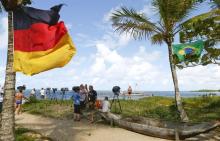 TV cameras are placed on the beach in front of Germany's national soccer team's base camp Campo Bahia in the village of Santo Andre north of Porto Seguro