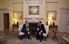 Prime Minister David Cameron (R) speaks with European Council President Donald Tusk at Downing Street in London, Britain, January 31, 2016. PHOTO BY REUTERS/Toby Melville