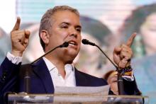 Presidential candidate Ivan Duque speaks to supporters after winning the presidential election in Bogota, Colombia, June 17, 2018. PHOTO BY REUTERS/Nacho Doce