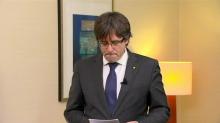 Sacked Catalan President Carles Puigdemont makes a statement in this still image from video calling for the release of "the legitimate government of Catalonia", after a Spanish judge ordered nine Catalan secessionist leaders to be held in custody in Brussels, Belgium, November 2, 2017. PHOTO BY REUTERS