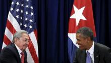 U.S. President Barack Obama and Cuban President Raul Castro meet at the United Nations General Assembly in New York, September 29, 2015. PHOTO BY REUTERS/Kevin Lamarque