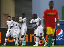 Christian Atsu celebrates with team mates after scoring the third goal against Guinea in their quarter-final soccer match of the 2015 African Cup of Nations in Malabo February 1, 2015. PHOTO BY  REUTERS/Amr Abdallah Dalsh