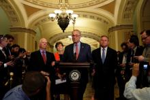 U.S. Senate Minority Leader Chuck Schumer (D-NY) speaks to reporters at the Capitol as fallout continued over U.S. President Donald Trump's Helsinki summit with Russian President Vladimir Putin, in Washington, U.S., July 17, 2018. PHOTO BY REUTERS/James Lawler Duggan