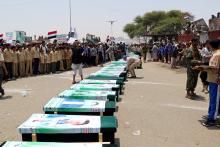 Mourners attend a funeral of people, mainly children, killed in a Saudi-led coalition air strike on a bus in northern Yemen, in Saada, Yemen, August 13, 2018. PHOTO BY REUTERS/Naif Rahma