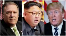 A combination photo shows CIA Director Mike Pompeo (L) in Washington, North Korean leader Kim Jong Un (C) in Pyongyang, North Korea and U.S. President Donald Trump (R), in Palm Beach, Florida, U.S., respectively. PHOTO BY REUTERS/Yuri Gripas (L) & KCNA & Kevin Lamarque (R)