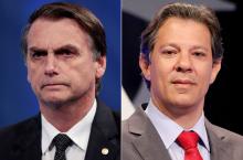 A combination of file photos shows presidential candidate Jair Bolsonaro (L) attending a television debate at the Rede TV studio in Osasco, Brazil, August 17, 2018, and presidential candidate Fernando Haddad attending a televised debate in Sao Paulo, Brazil, September 26, 2018. PHOTO BY REUTERS/Paulo Whitaker/Nacho Doce