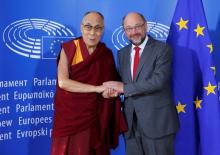 Tibet's exiled spiritual leader the Dalai Lama (L), is welcomed by European Parliament president Martin Schulz at his arrival at the European Parliament in Strasbourg, France, September 15, 2016. PHOTO BY REUTERS/Vincent Kessler