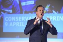 Britain's Prime Minister, David Cameron, addresses the Conservative Spring Forum in central London, Britain, April 9, 2016. PHOTO BY REUTERS/Kerry Davies