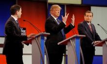 Republican U.S. presidential candidate Donald Trump shows off the size of his hands as rivals Marco Rubio (L) and Ted Cruz (R) look on at the start of the U.S. Republican presidential candidates debate in Detroit, Michigan, March 3, 2016. PHOTO BY REUTERS/Jim Young