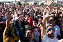 Thousands of Moroccans shout slogans during a demonstration in the northern town of Al-Hoceima, seven months after a fishmonger was crushed to death inside a garbage truck as he tried to retrieve fish confiscated by the police, in Al-Hoceima, Morocco, May 18, 2017. PHOTO BY REUTERS/Youssef Boudlal