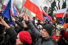 Demonstrators gesrure and hold Polish and EU flags during the third day of a protest outside the Parliament building in Warsaw, Poland, December 18, 2016. PHOTO BY REUTERS/Agencja Gazeta/Franciszek Mazur