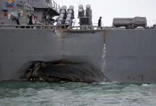 The U.S. Navy guided-missile destroyer USS John S. McCain is seen after a collision, in Singapore waters, August 21, 2017. PHOTO BY REUTERS/Ahmad Masood