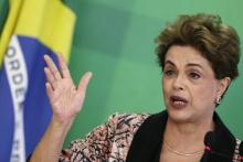 Brazil's President Dilma Rousseff gestures during a news conference for foreign journalists at Planalto Palace in Brasilia, Brazil, April 19, 2016. PHOTO BY REUTERS/Ueslei Marcelino