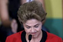Brazil's President Dilma Rousseff reacts during a conference with representatives from workers' unions and social movements, in Brasilia, August 13, 2015. PHOTO BY REUTERS/Ueslei Marcelino
