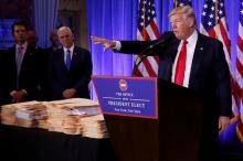 U.S. President-elect Donald Trump speaks during a news conference in Trump Tower, Manhattan, New York, U.S., January 11, 2017. PHOTO BY REUTERS/Shannon Stapleton